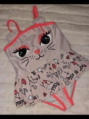 Betsey Johnson Pink Cat Graphic Ruffle One-Piece Swim